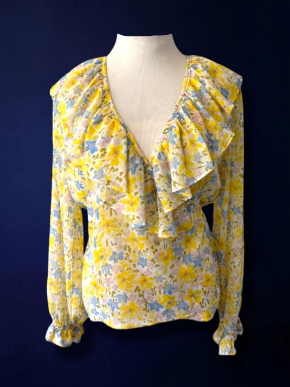 GB Gianni Bini Yellow Multi Wrap Ruffle Blouse Size Large